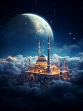 Fototapeta  - Beautiful Mosque flying through the clouds in the night sky. The moon creates light. The Milky Way begins to appear. copy space - generative ai