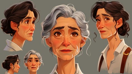 Sticker - comprehensive character art sheet featuring a elderly womans face from various angles, capturing every nuance of human expression, portrait format  