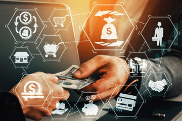 Finance and Money Transaction Technology Concept. Icon Graphic interface showing fintech trade exchange, profit statistics analysis and market analyst service in modern computer application. uds