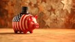 vintage piggy bank with uncle sam, American flag on piggy bank and stars in background, copy space