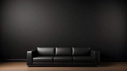 Wall Mural - Modern living room with black sofa and space-themed wall create a minimalistic design.