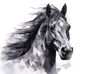 Equestrian sketch drawing, b&w portrait of a black horse profile isolated on a white background. Geometric modern equine birthday art for trendy horse rider. Fast horse, wild mustang design by Vita. 