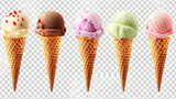 Fototapeta  - Ice cream scoop on waffle cone on transparent background cutout, PNG file. Many assorted different flavour Mockup template for artwork design