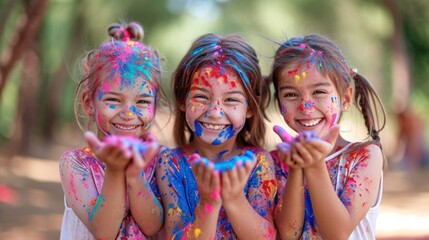 Sticker - Three girls with their hands covered in colored paint, AI