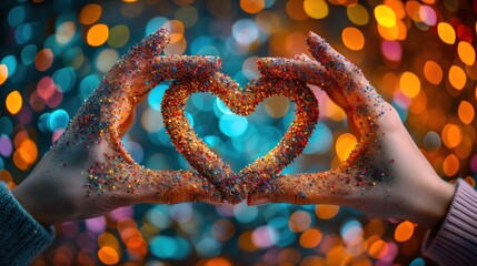 Canvas Print - Two hands holding a heart shape with sprinkles on them, AI