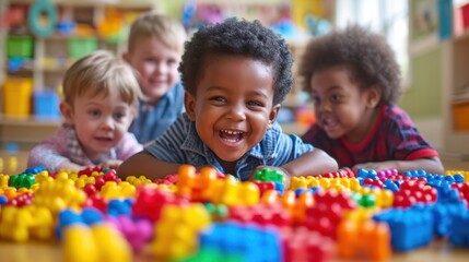 Wall Mural - A group of children playing with colorful plastic toys in a room, AI