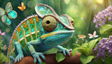 Illustration of a cute baby chameleon lizard in 3D in a garden of butterflies and lush greenery.