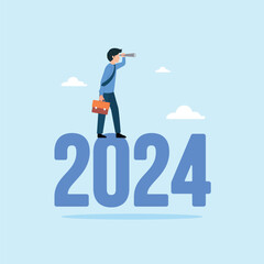 Year 2024 business outlook, businessman looking for investment opportunities. Business and finance illustration concept