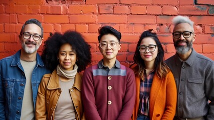 Group of 5 diverse young adults standing in a row