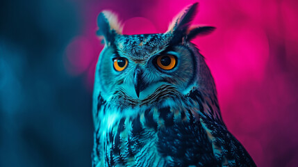 Wall Mural - Abstract animal Owl portrait in studio with a colorful and bright background. AI Generative