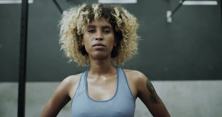 Canvas Print - Black woman, fitness and face in confidence at gym for workout, exercise or indoor training. Portrait of young or confident African female person afro for sports, bodybuilding or health and wellness