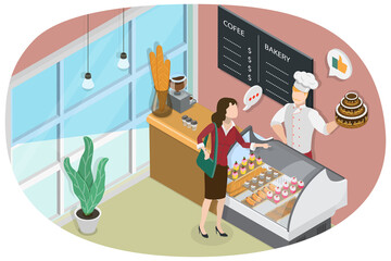 Wall Mural - 3D Isometric Flat  Conceptual Illustration of Bakery Shop, Inside Interior