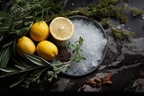 Fototapeta  - An outdoor display of vibrant citrus fruits, including tangy lemons, sweet meyer lemons, and bitter oranges, creates a refreshing and mouth-watering plate of ice and lemons