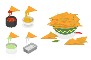 3D Isometric Flat  Set of Nachos, Mexican Tortilla Chips with Sauces