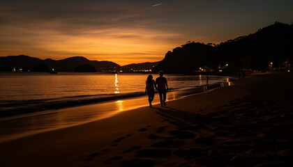 Canvas Print - Silhouette of two people walking on the beach at sunset generated by AI