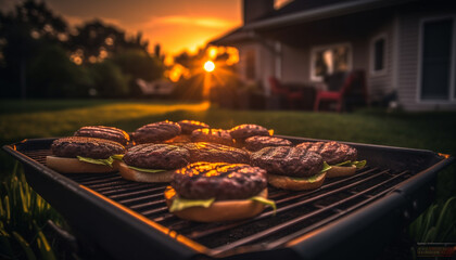 Wall Mural - Grilled meat sizzles on the barbecue, a summer picnic delight generated by AI