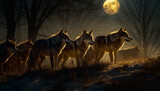 Fototapeta  - A wolf pack roams through the snowy forest at dusk generated by AI