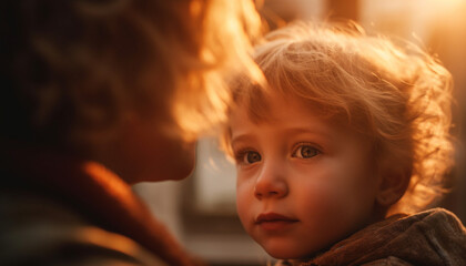 Canvas Print - A cute child smiling, embracing nature, enjoying the sunset together generated by AI