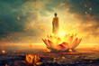 Buddha standing on a big glowing lotus, nature background