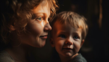 Canvas Print - Smiling cute child brings happiness to family, embracing love outdoors generated by AI