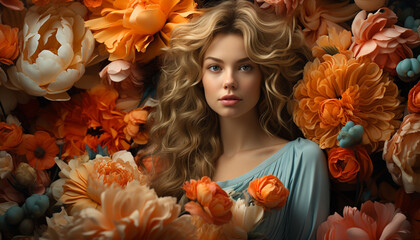 Wall Mural - A beautiful blond woman, smiling, surrounded by colorful flowers generated by AI