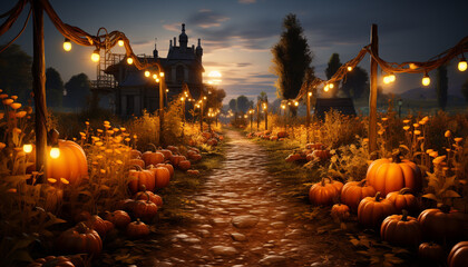 Wall Mural - Spooky Halloween night, illuminated by glowing pumpkin lanterns outdoors generated by AI