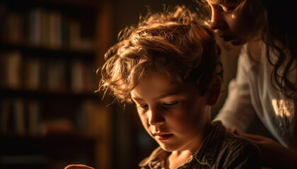 Poster - Two boys indoors, learning and bonding, smiling and looking together generated by AI