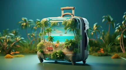 travel suitcase with tropical landscape isolated on green background