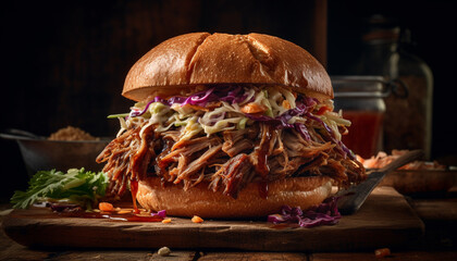 Poster - Grilled pulled pork sandwich with coleslaw on a rustic bun generated by AI