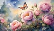Watercolor background with flowers and butterflies.