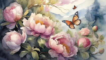 Wall Mural - Watercolor background with flowers and butterflies.