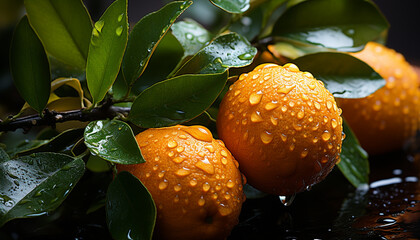 Sticker - Fresh citrus fruit on a wet leaf, nature healthy refreshment generated by AI