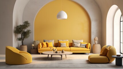 Wall Mural - style living room furniture interior design, yellow furniture minimalism