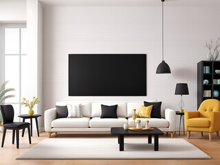 bright living room with white furniture and pops of yellow accents