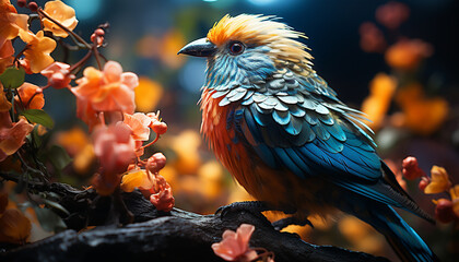 Canvas Print - Vibrant macaw perching on branch, showcasing nature colorful beauty generated by AI