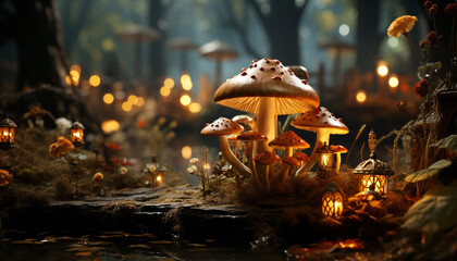 Sticker - Autumn forest glows with cute, glowing mushrooms on wet wood generated by AI