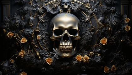 Wall Mural - Spooky Halloween decoration old skull, dark backdrop, evil ghost generated by AI