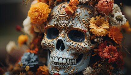 Sticker - Spooky Halloween decoration death, skulls, pumpkins, and autumn leaves generated by AI