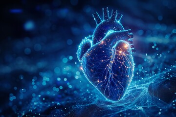 ethereal glowing heart with a network of light on a blue background.