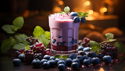 Wall Mural - Fresh blueberries and raspberries on a wooden table, a healthy snack generated by AI