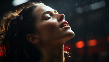 Sticker - Young woman, wet hair, eyes closed, enjoying raindrop, serene outdoors generated by AI