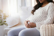 © Iryna - Pregnant young mother sitting in soft cozy chair, her hands gently hugging belly,blurred background,concept of mother and child health