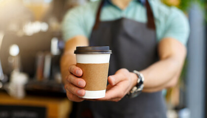 Wall Mural - Coffee to go in hand of barista in coffee shop