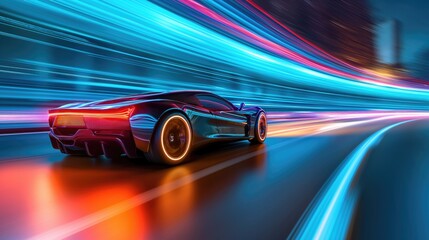 Wall Mural - Futuristic car in movement with lights on the road at night time. Timelapse of night driving on illuminated streets.