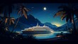 Illustrate a superyacht in a desert oasis at night, with palm trees and dunes silhouetted against the starry sky.