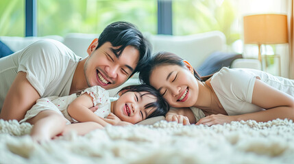 Happy Asian Family mother father and daughter making a fun sleep play in living room home background.