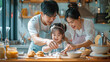 Portrait of enjoy happy love Asian family father and mother with little Asian girl daughter child play and having fun cooking food together with baking cookie and cake ingredient in kitchen