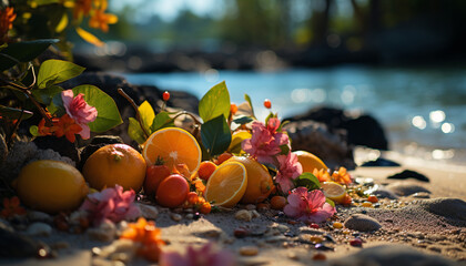 Canvas Print - Nature summer fruit outdoors, leaf close up, freshness in water Yellow food season backgrounds autumn sand multi colored beauty in nature generated by AI