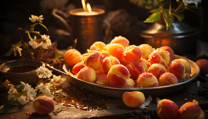 Sticker - Fresh autumn fruit on a rustic wooden table, a healthy indulgence generated by AI