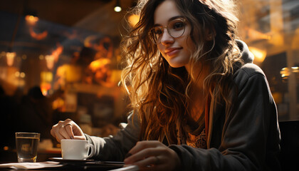 Sticker - Young woman sitting at coffee shop, smiling, enjoying coffee and relaxation generated by AI